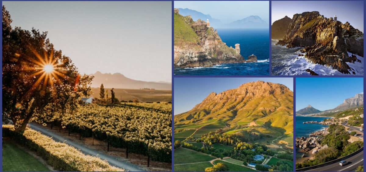 Collage of five landscapes: sunlit vineyard, cliff coast, rocky sea stacks, terraced hills, and a coastal road by the water.