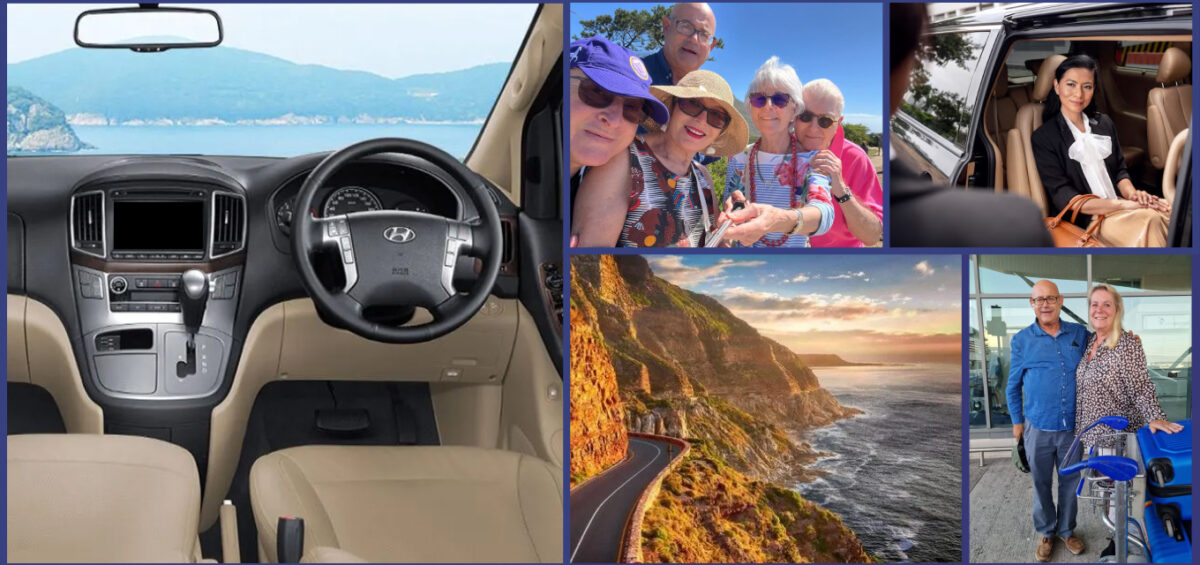 Collage showing travel scenes: car interior with steering wheel and ocean view through windshield, suggesting a road trip.
