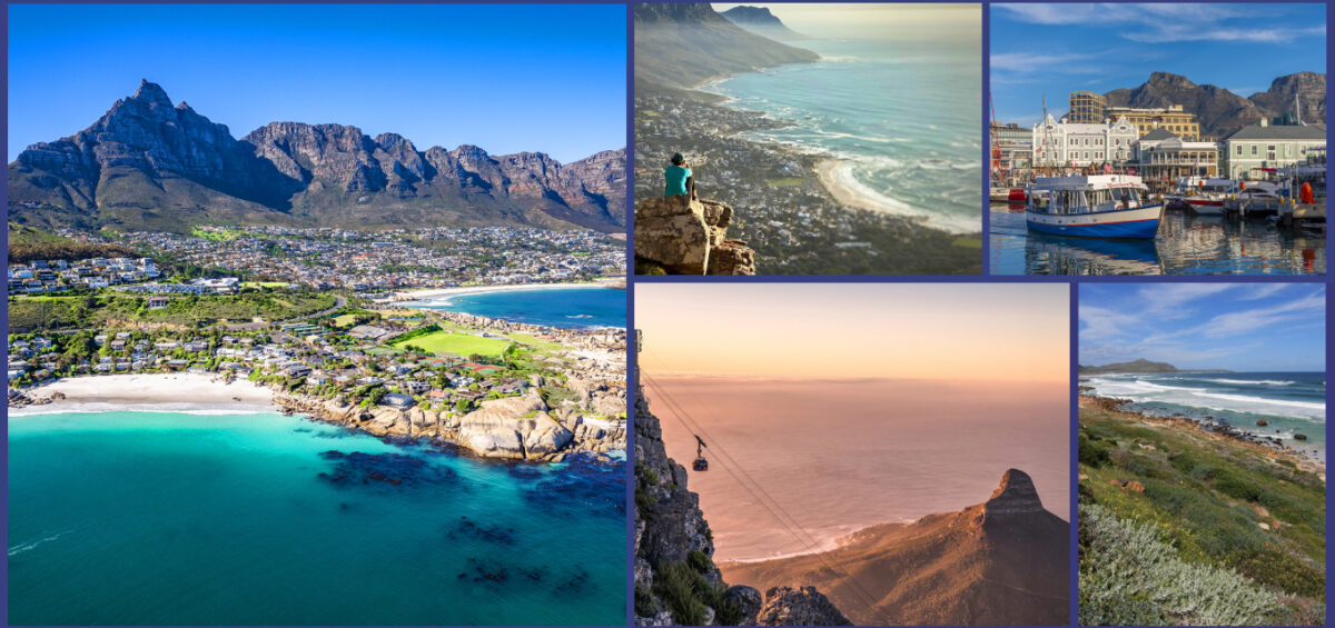 Collage of coastal and mountain scenes: turquoise beach, seaside town, rugged mountains, marina, cliffside cable car, and sunset over the ocean.