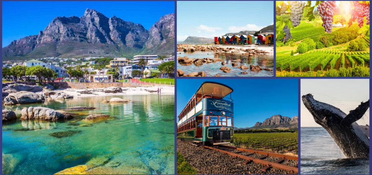 Collage of travel scenes: turquoise lagoon and rocky coast, colorful beach huts, vineyard hills, a vintage double-decker tram, and a whale tail at sea.