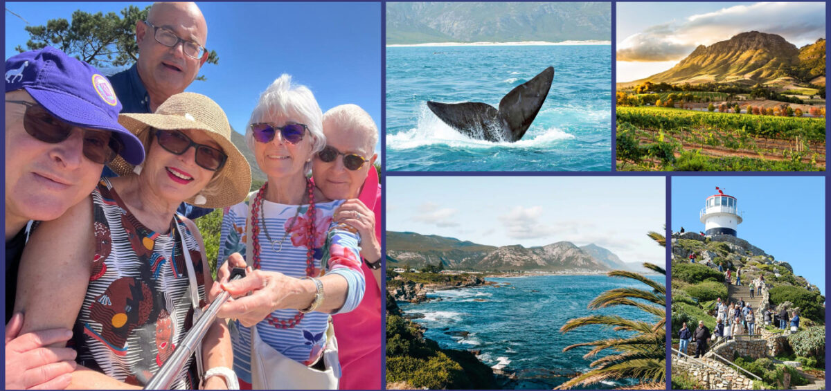 Collage of five travel photos: a smiling group selfie on a sunny day, a whale tail in the blue ocean, a vineyard with mountains, a rocky coastline, and a lighthouse with visitors on a path.