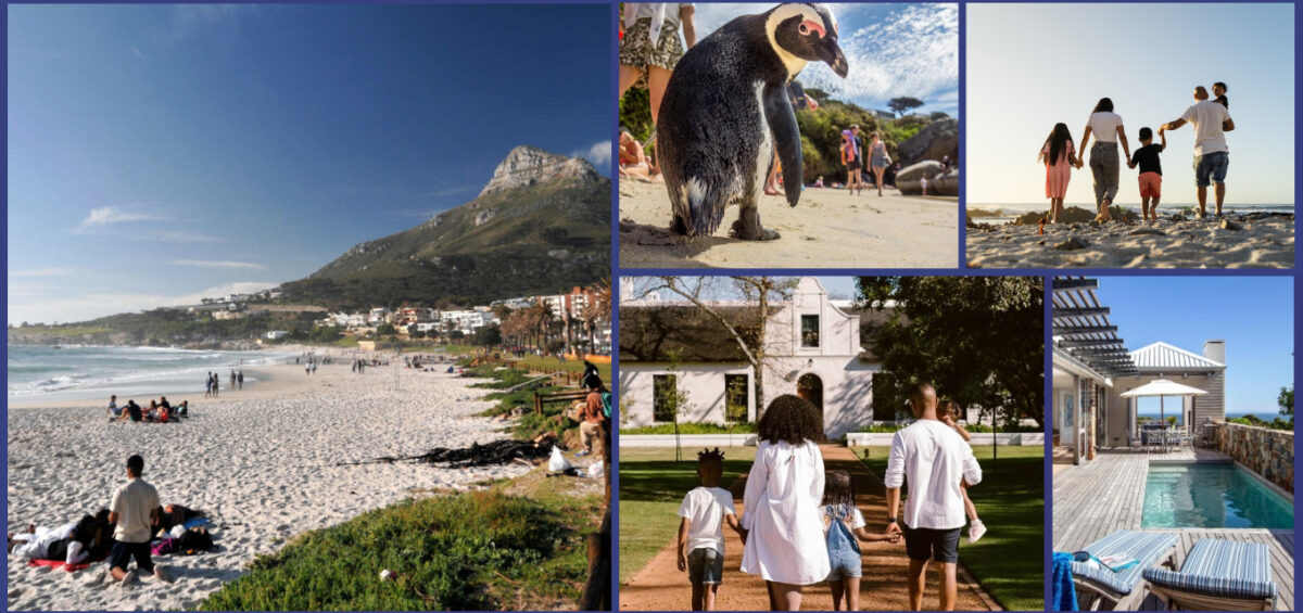 Collage of vacation scenes: a busy beach, a penguin on sand, a family walking along the shore, a white mansion with a lawn, and a poolside deck.