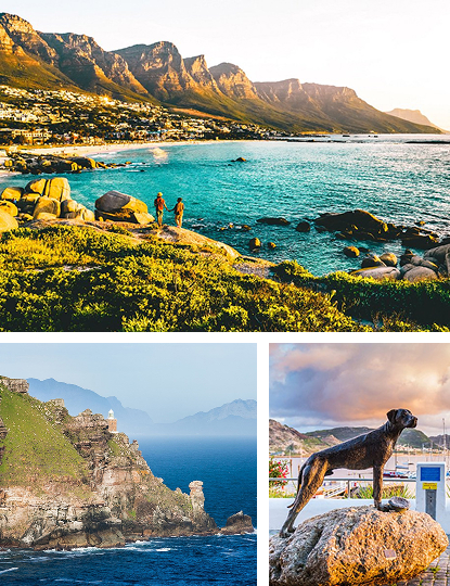 5 days Day 2 – Cape Peninsula Adventure Coastal landscape with turquoise water, rocky shore, and hills; two people stand near the water.