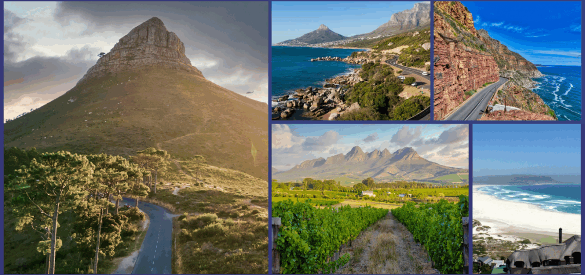 Collage of landscapes: mountain peak with winding road, coastal cliffs, vineyard rows, and a white-sand beach edge.