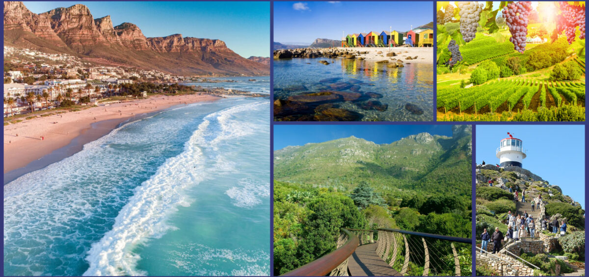 Collage of travel scenes: beach with waves and mountains, pastel beach huts, a vineyard hillside, a forest boardwalk, green mountains, and a lighthouse with visitors.