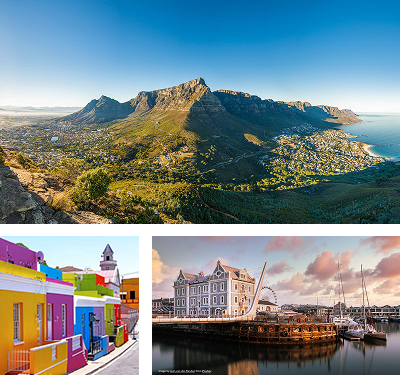 If You Only Have Two Days in Cape Town Day 1 Collage of travel scenes: panorama of mountains and coast, bright colorful houses, and a harbor with sailboats.