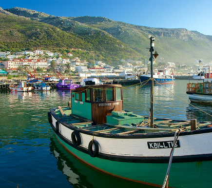 Kalk Bay Harbour Colorful harbor scene with a green-and-white fishing boat in the foreground, other boats at the dock, and a hillside town with green mountains under a blue sky.