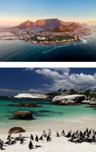 Aerial view of Cape Town with Table Mountain in the background, plus the harbor, city and coastal stadium area.