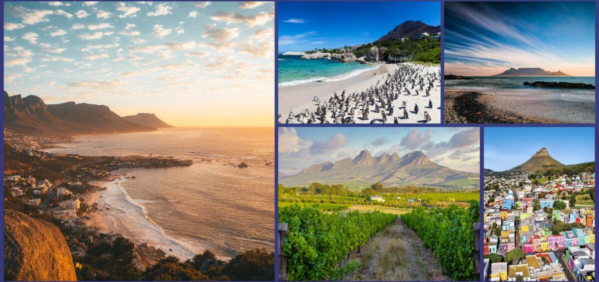 Collage of five landscapes: sunset coastal town, penguin colony on a sunny beach, blue sea with rocky shore, vineyard with mountains, and a colorful hillside town with a conical hill.